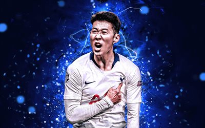 Son Heung-min, m&#229;l, Tottenham Hotspur FC, vit uniform, Sydkoreanska fotbollsspelare, fram&#229;t, fotboll, Heung-min Son, Premier League, neon lights, Tottenham FC