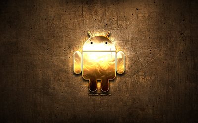 Android altın logo, resimler, kahverengi metal arka plan, yaratıcı, Android logosu, marka, Android
