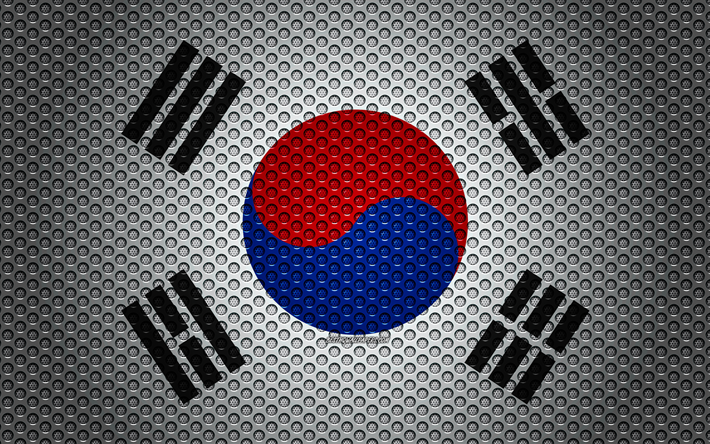 Bandera de Corea del Sur, 4k, arte creativo, malla de metal textura, Corea del Sur, bandera, s&#237;mbolo nacional, Asia, las banderas de los pa&#237;ses Asi&#225;ticos