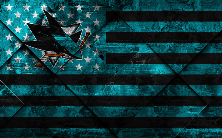 سان خوسيه أسماك القرش, 4k, أمريكا هوكي نادي, الجرونج الفن, دالتون الجرونج الملمس, العلم الأمريكي, نهل, سان خوسيه, كاليفورنيا, الولايات المتحدة الأمريكية, دوري الهوكي الوطني, العلم الولايات المتحدة الأمريكية, الهوكي