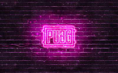 Pugb mor logo, 4k, mor brickwall, Savaş, Pugb logosu, 2020 oyunları, Pugb neon logo, Pugb PlayerUnknowns