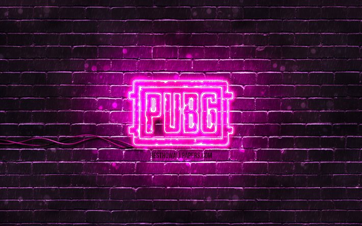 Pugb mor logo, 4k, mor brickwall, Savaş, Pugb logosu, 2020 oyunları, Pugb neon logo, Pugb PlayerUnknowns