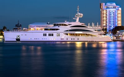 luxury yacht, night, evening, white big yacht, luxury ships