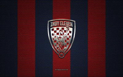 Indy Eleven logo, American soccer club, metal emblem, red-blue metal mesh background, Indy Eleven, USL, Indianapolis, Indiana, USA, soccer