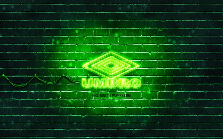 Umbro logo vert, 4k, vert brickwall, logo Umbro, de marques de sport, Umbro n&#233;on logo Umbro