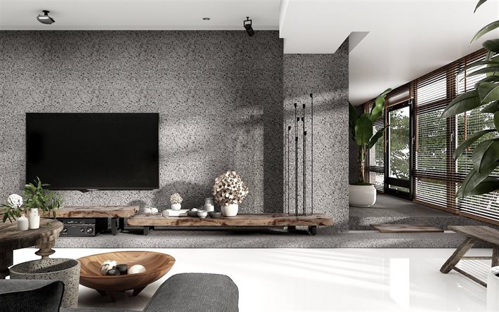 parvi tyyli olohuoneessa, harmaa betoni seinä olohuoneessa, moderni sisustus, parvi tyyli, betoni olohuoneessa