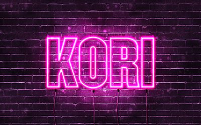 Kori, 4k, tapeter med namn, kvinnliga namn, Kori namn, lila neon lights, Grattis P&#229; F&#246;delsedagen Kori, bild med Kori namn