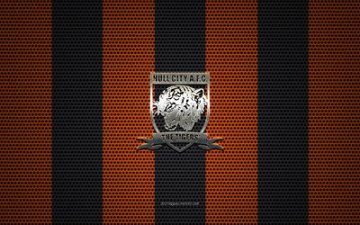 Hull City AFC logo, English football club, metal emblem, orange-black metal mesh background, Hull City AFC, EFL Championship, Hull, East Riding of Yorkshire, England, football