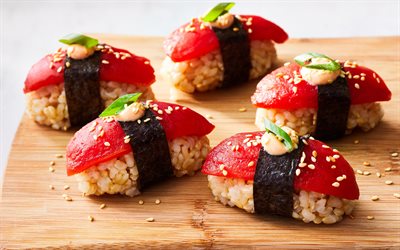vegan nagiri, 4k, macro, comida asi&#225;tica, sushi vegano, fastfood, sushi com tomates, nagiri, sushi