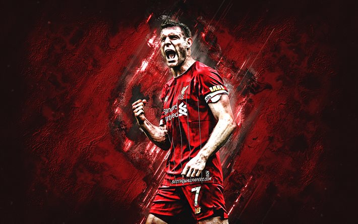James Milner, Liverpool FC, Englanti jalkapalloilija, muotokuva, punainen kivi tausta, Premier League, Englanti, jalkapallo