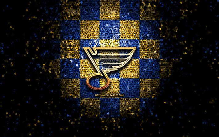 St Louis Blues, glitter logo, NHL, blue yellow checkered background, USA, american hockey team, St Louis Blues logo, mosaic art, hockey, America