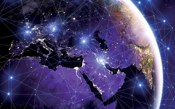 La tierra, la tecnolog&#237;a de la comunicaci&#243;n, de la cuadr&#237;cula en la tierra, la red social de los conceptos, de red, de la Tierra de noche desde el espacio, de Europa desde el espacio por la noche, Arabia Saudita desde el espacio por la noch