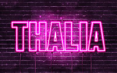 Thalia, 4k, tapeter med namn, kvinnliga namn, Thalia namn, lila neon lights, Grattis P&#229; F&#246;delsedagen Thalia, bild med Thalia namn