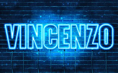 vincenzo, 4k, tapeten, die mit namen, horizontaler text, vincenzo namen, happy birthday, blau, neon-lichter, das bild mit dem namen vincenzo