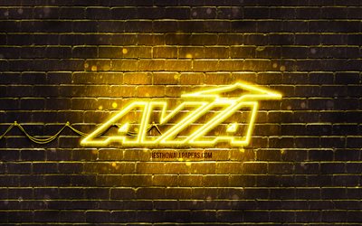 Avia logo jaune, 4k, jaune brickwall, Avia le logo, les marques de sport, Avia n&#233;on logo, Avia