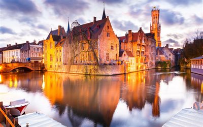 Bruges, 4k, coucher de soleil, eau, canaux, villes belges, Europe, Belgique, dans le soir