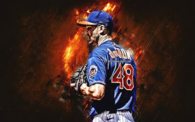 Jacob deGrom, New York Mets, MLB, amerikkalainen baseball-pelaaja, muotokuva, oranssi kivi tausta, baseball, Major League Baseball
