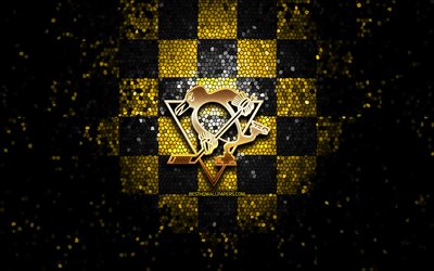 Pittsburgh Penguins, glitter logotyp, NHL, gul-svart rutig bakgrund, USA, amerikansk ishockey, Pittsburgh Penguins logotyp, mosaik konst, hockey, Amerika