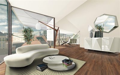 modern interior design, bedroom, 3D mirror on the wall, 3D furniture, polygon furniture, stylish furniture