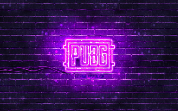 Pugb violett logotyp, 4k, violett brickwall, PlayerUnknowns Krigszonen, Pugb logotyp, 2020 spel, Pugb neon logotyp, Pugb
