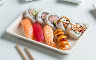 conjunto sushi, nagiri, uramaki se, sushi, comida asi&#225;tica, bokeh, fastfood