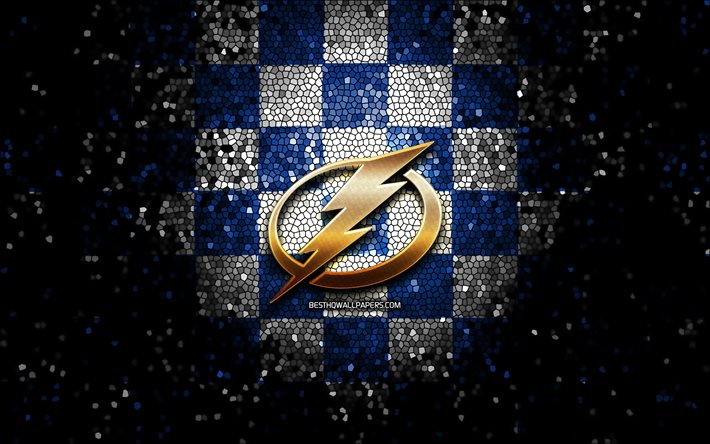 Tampa Bay Lightning, glitter logo, NHL, red blue checkered background, USA, american hockey team, Tampa Bay Lightning logo, mosaic art, hockey, America