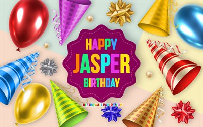 Happy Birthday Jasper, 4k, Birthday Balloon Background, Jasper, creative art, Happy Jasper birthday, silk bows, Jasper Birthday, Birthday Party Background