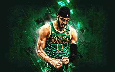 Jayson Tatum, Boston Celtics, Associa&#231;&#227;o Nacional De Basquete, - jogador de basquete americano, retrato, basquete, pedra verde de fundo, NBA, EUA