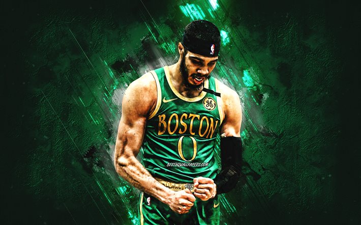 Jayson Tatum, Boston Celtics, National Basketball Association, american basketball player, portrait, basketball, green stone background, NBA, USA