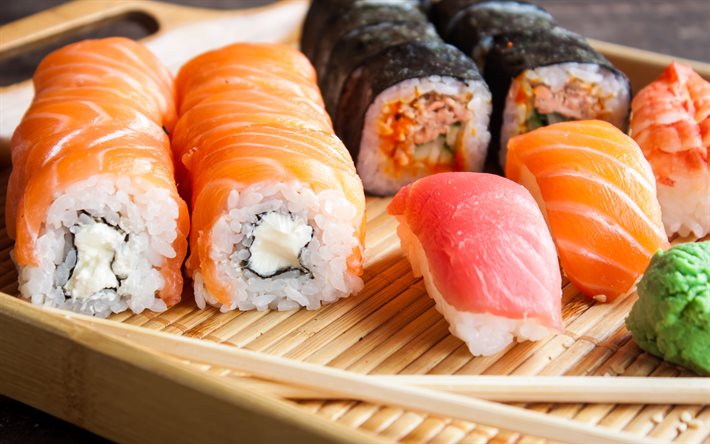 4k, makizushi, somon, nagiri, suşi, Asya yemekleri, etkisi, fastfood, sushi set rulo