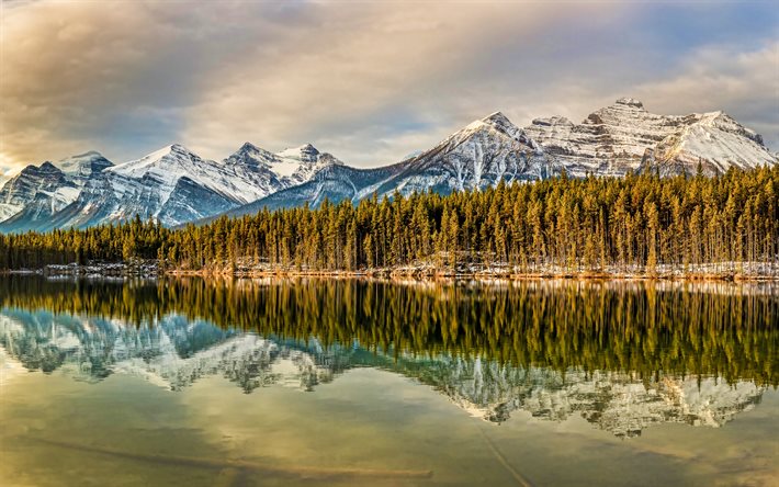 Banff Ulusal Parkı, 4k, kış, orman, dağlar, g&#246;l, Kanada Rocky dağları, g&#252;zel bir doğa, Kanada, Kuzey Amerika