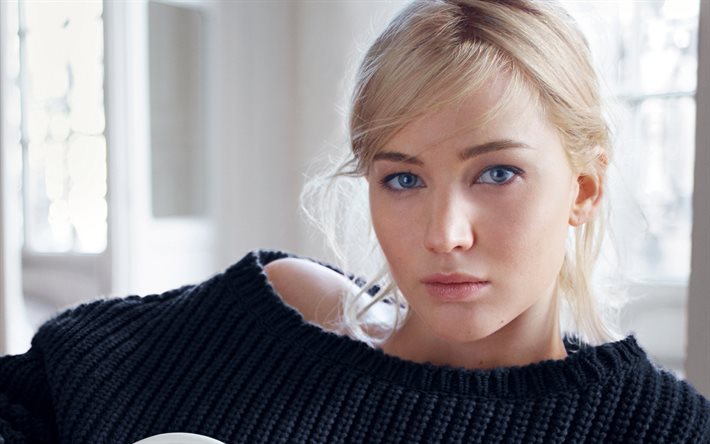Jennifer Lawrence, portrait, black sweater, blue eyes, photoshoot, american actress