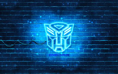 Transformers blue logo, 4k, blue brickwall, Transformers logo, movies, Transformers neon logo, Transformers