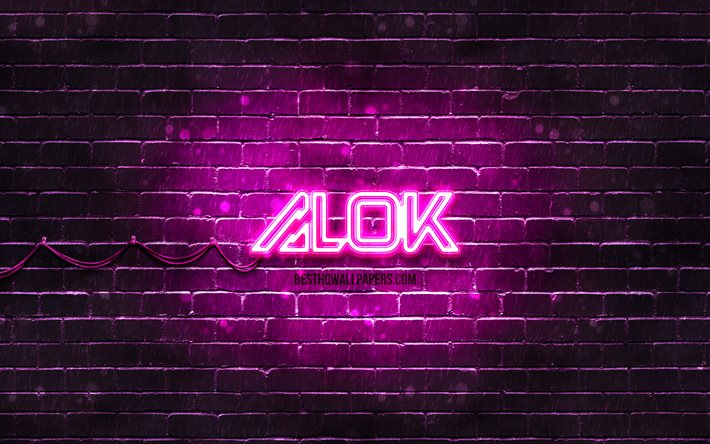Alok roxo logotipo, 4k, superstars, DJs brasileiros, roxo brickwall, Alok novo logotipo, Alok Achkar Peres Petrillo, Alok, estrelas da m&#250;sica, Alok neon logotipo, Alok logotipo