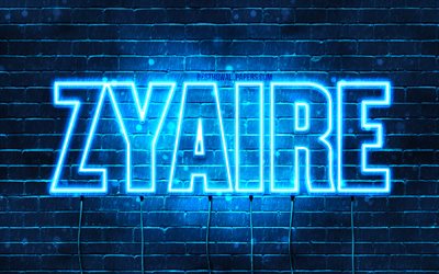 Zyaire, 4k, fondos de pantalla con los nombres, el texto horizontal, Zyaire nombre, Feliz Cumplea&#241;os Zyaire, luces azules de ne&#243;n, imagen con Zyaire nombre