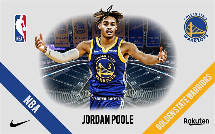Jordan Poole, Golden State Warriors, American Basketball Player, NBA, portrait, USA, basketball, Chase Center, Golden State Warriors logo