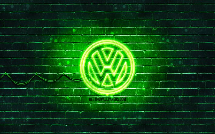 Volkswagen green logo, 4k, green brickwall, logo Volkswagen, cars brands, Volkswagen neon logo Volkswagen