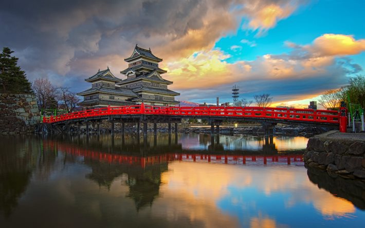 ダウンロード画像 松本城 歴史のある城 日本の城 夜 夕日 赤石橋 松本 長野県 日本 フリー のピクチャを無料デスクトップの壁紙