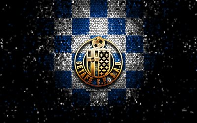 Getafe FC, glitter logo, La Liga, blue white checkered background, soccer, Getafe CF, spanish football club, Getafe logo, mosaic art, football, LaLiga, Spain