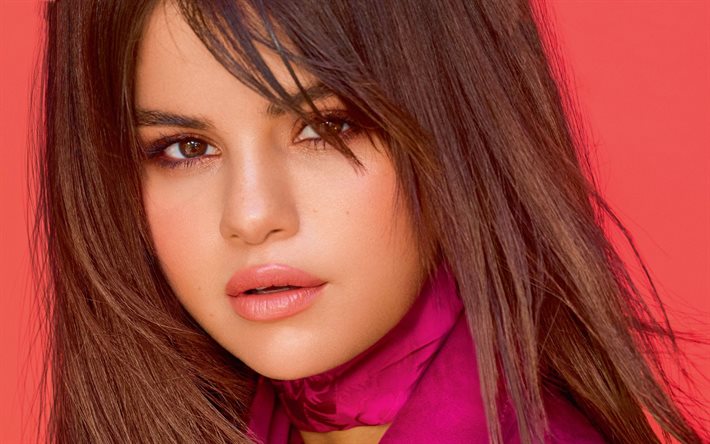 Selena Gomez, la cantante estadounidense, retrato, cara, sesi&#243;n de fotos, p&#250;rpura vestido, mujer bella, cantantes populares