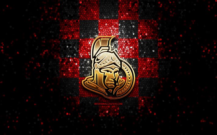 Ottawa Senators, glitter logo, NHL, red black checkered background, USA, canadian hockey team, Ottawa Senators logo, mosaic art, hockey, Canada