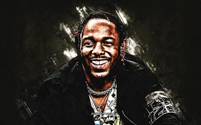 Kendrick Lamar, american rapper, portrait, gray stone background, american popular singer