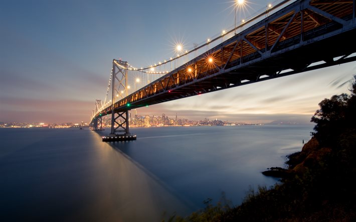 Oakland Bay Bridge, San Francisco, California, gece, G&#252;n batımı, asma k&#246;pr&#252;, şehir, San Francisco skyline, ABD