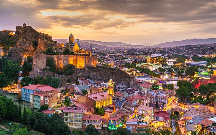 Tbilisi, Narikala, St Nicholas church, ancient fortress, evening, sunset, Tbilisi cityscape, skyline, Mtkvari River, Georgia