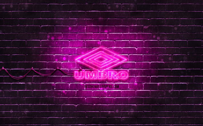 Umbro lila logotyp, 4k, lila brickwall, Umbro logotyp, sport varum&#228;rken, Umbro neon logotyp, Umbro