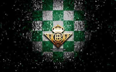 Real Betis FC, glitter logo, La Liga, green white checkered background, soccer, Real Betis, spanish football club, Real Betis logo, mosaic art, football, LaLiga, Spain