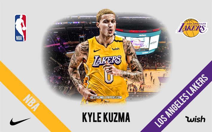Kyle Kuzma, Los Angeles Lakers, American Basketball Player, NBA, portrait, USA, basketball, Staples Center, Los Angeles Lakers logo, Kyle Alexander Kuzma