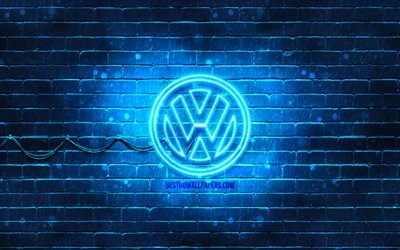 Volkswagen blue logo, 4k, blue brickwall, logo Volkswagen, cars brands, Volkswagen neon logo Volkswagen