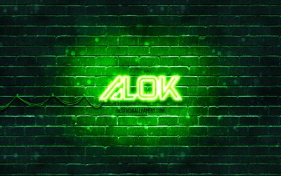 Alok logo verde, 4k, superstar, brasiliano Dj, verde, brickwall, Alok nuovo logo, Alok Achkar Peres Petrillo, Alok, star della musica, Alok neon logo, logo Alok
