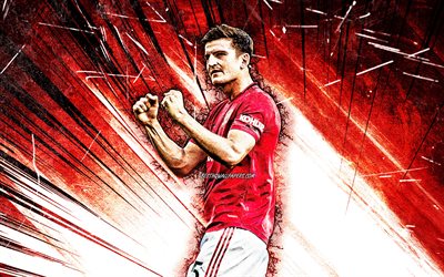 4K, Harry Maguire, grunge art, Manchester United FC, english footballers, Premier League, red abstract rays, Jacob Harry Maguire, soccer, football, Man United, Harry Maguire 4K